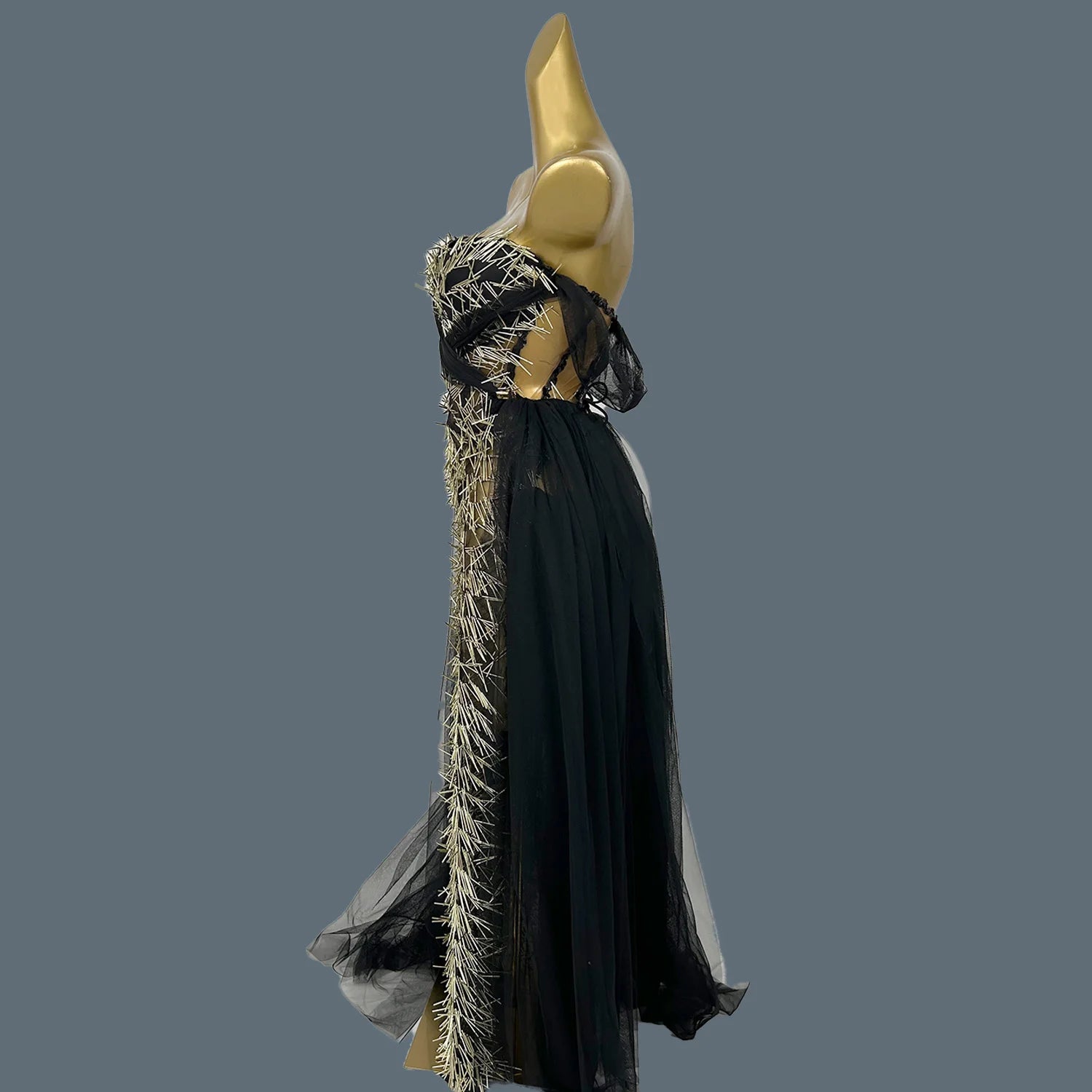 Sexy High-end See Through Mesh Evening Dress Suit Gold Sequins Black Dress Chiffon Long Dress Bar Special Design Outfit Ciwei