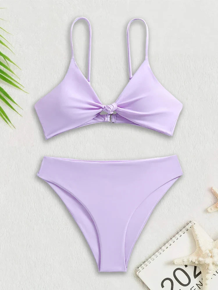 Bikini Women Swimsuit New Solid Black High Waist Bikinis Set Lace Up Bathing Suit Swimwear Summer Brazilian Beach Two Piece Purple