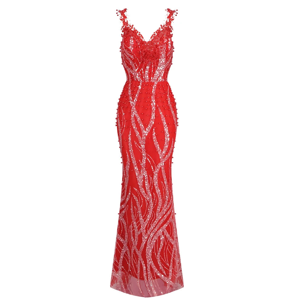VC Bright Red Mermaid Long Dress Spaghetti Straps V Neck Pearls Embellished Prom Celebrity Party Evening Gowns Vestidos