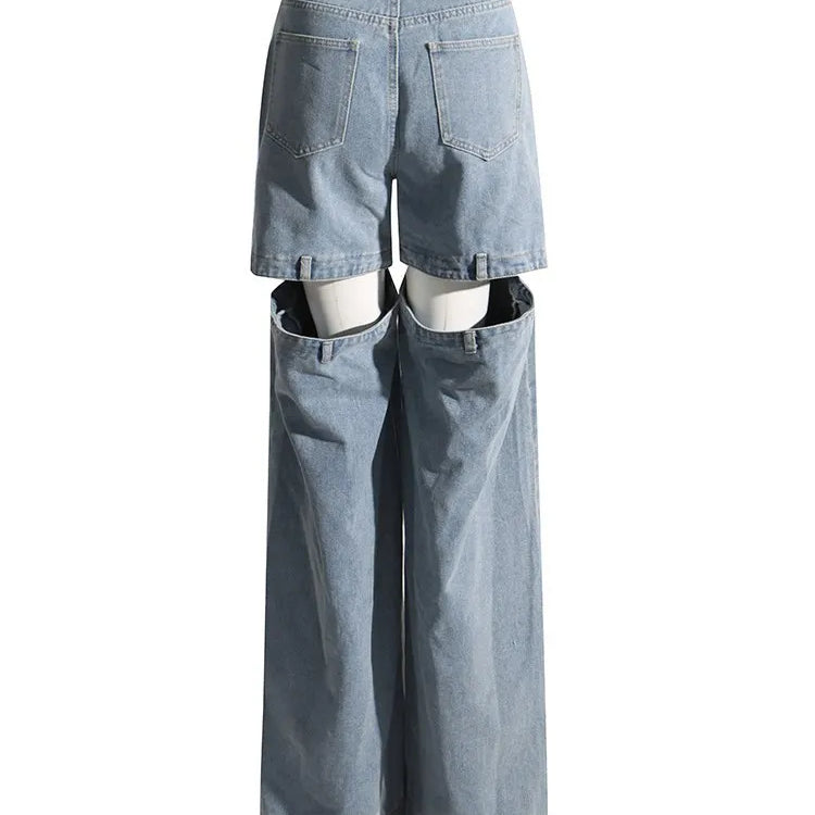 Hollow Out Streetwear Denim Trousers For Women High Wasit Loose Patchwork Wide Leg Pats Female Fashion Summer Clothing New