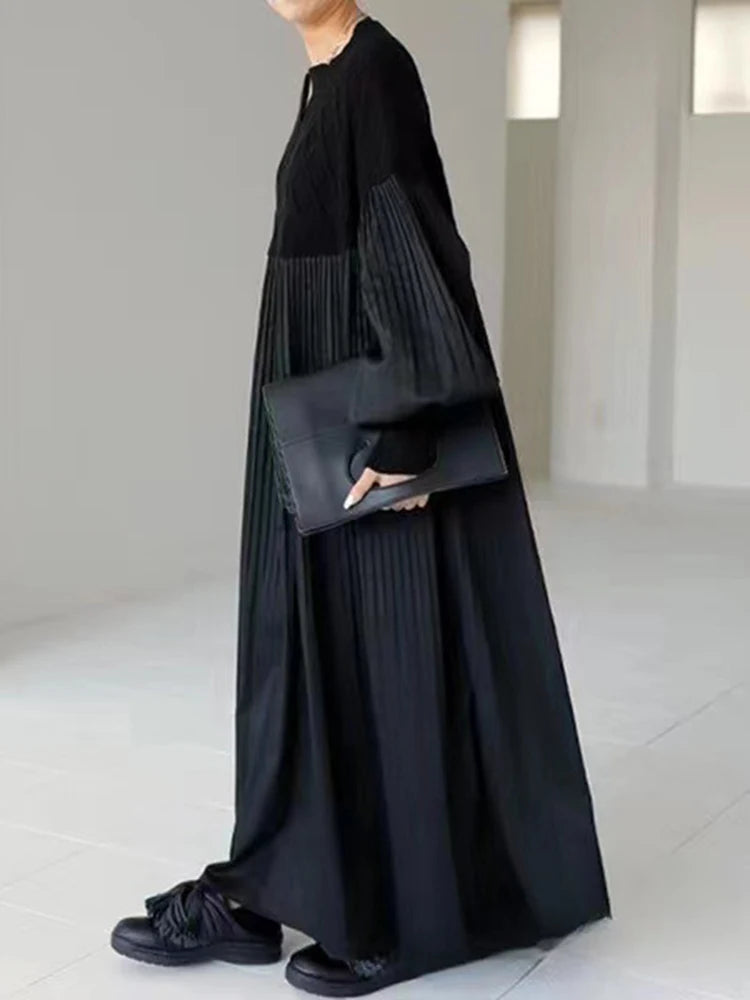 Vintage Black Hollow Out Knitted Patchwork Long Sleeve Pullover Dress Casual Loose Mid Long Vestidos Autumn Winter