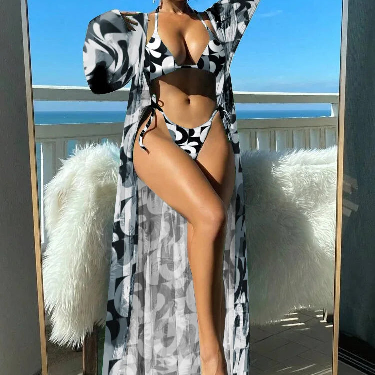 3 Pieces Triangle String Bikini Swimsuit Women & Kimono Swimwear Female Sexy Bathers Bathing Swimming Swim Suit Beachwear Black