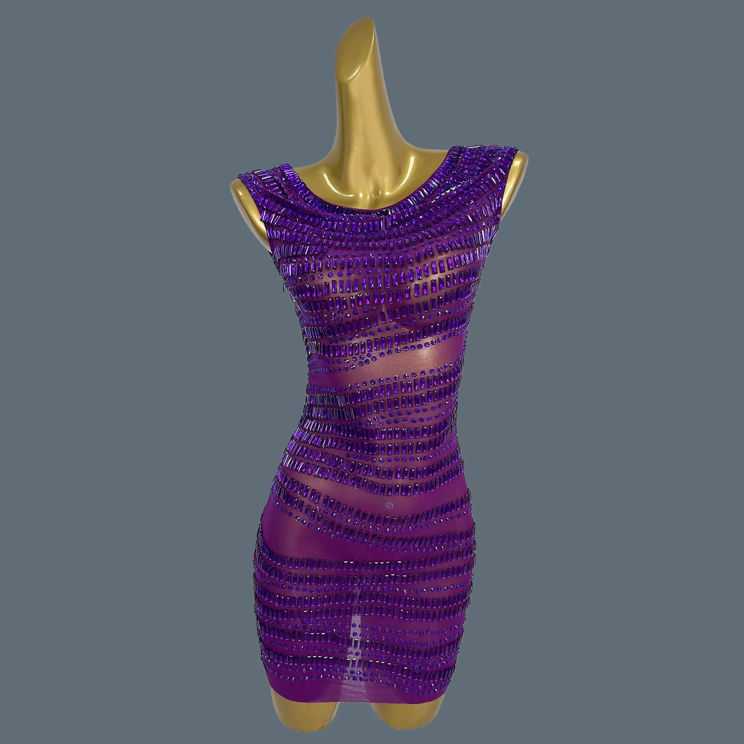 Women Sparkly Crystals Short Dress Sexy Mesh See Through Birthday Party Event Dress Show Stage Wear Performance Costume Yizijian