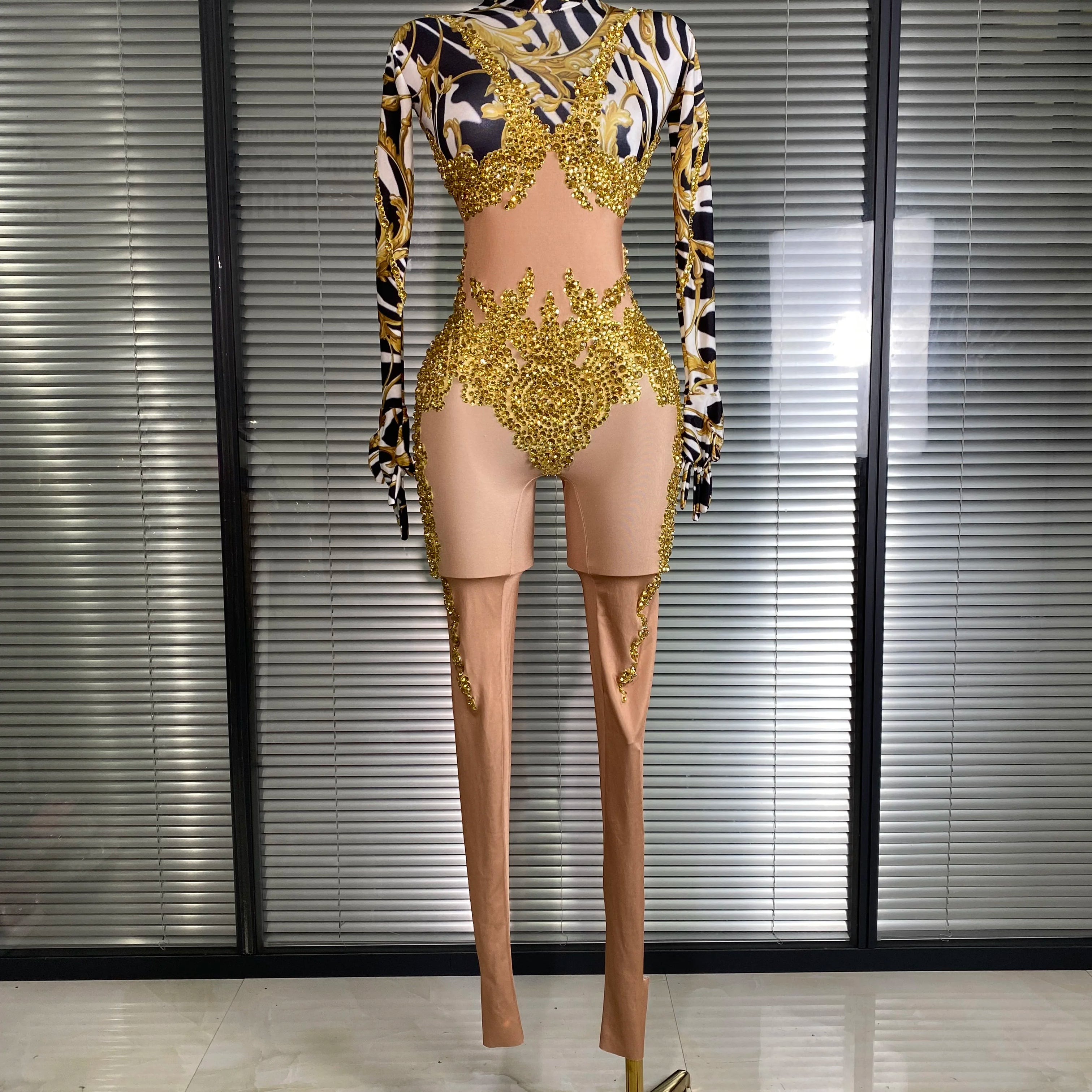 Women Sexy Skin Gold Bodycon Jumpsuit Celebrity Designer Singer Dancer Night Club Rompers