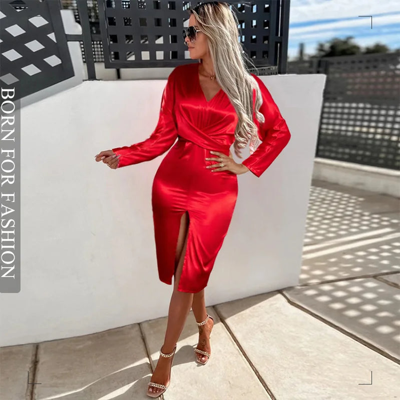 Bodycon Sexy Party Silk Robe Satin Dress Black Women Short Sleeve One Shoulder High Split Ruched Evening Dresses 2024 Summer