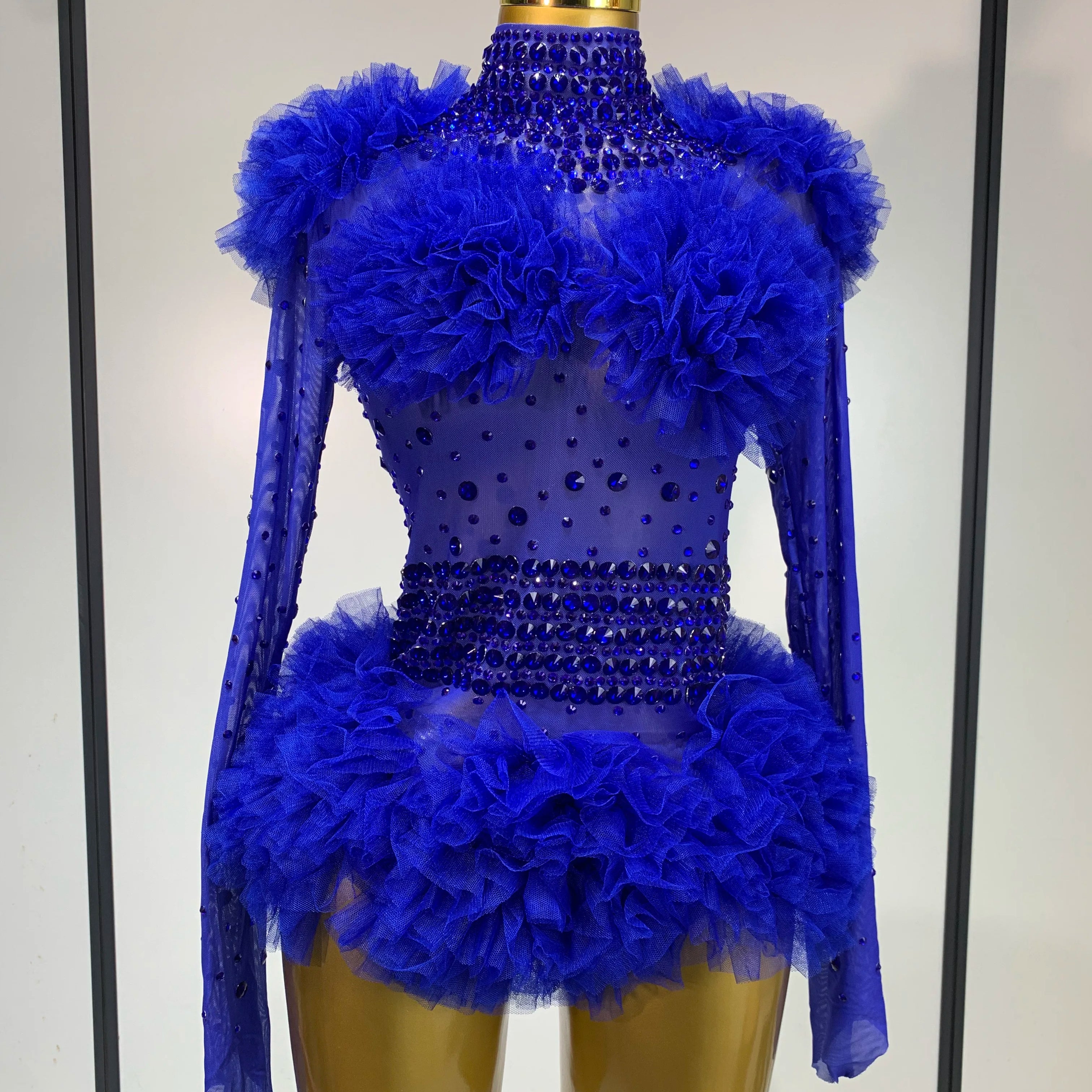 Sexy See Through Rhinestone Bodysuit 2025 Women Sexy Tight Mesh Ruffles Performance Dancer Singer Costume Nightclub Stage Outfit