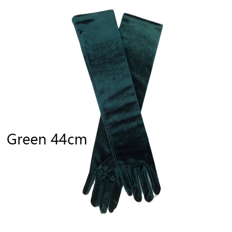 53CM Women Golden Velvet Long Autumn Winter Warm Black Evening Dress Etiquette Gloves Retro Style Banquet Accessories Elasticity green 44cm One Size