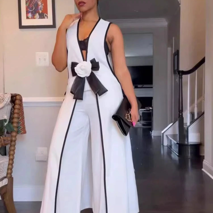 CM.YAYA Women Set 3D Flower Sleeveless V-neck X-long Shirt Coats + Wide Leg Pants Two 2 Piece Sets Fashion Outfits 2024 Summer