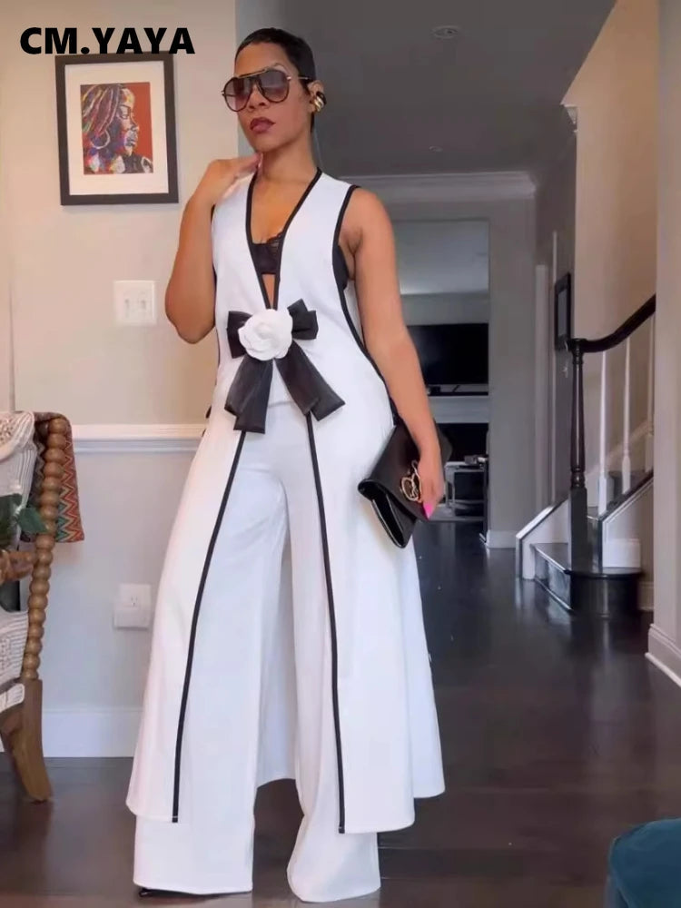 CM.YAYA Women Set 3D Flower Sleeveless V-neck X-long Shirt Coats + Wide Leg Pants Two 2 Piece Sets Fashion Outfits 2024 Summer