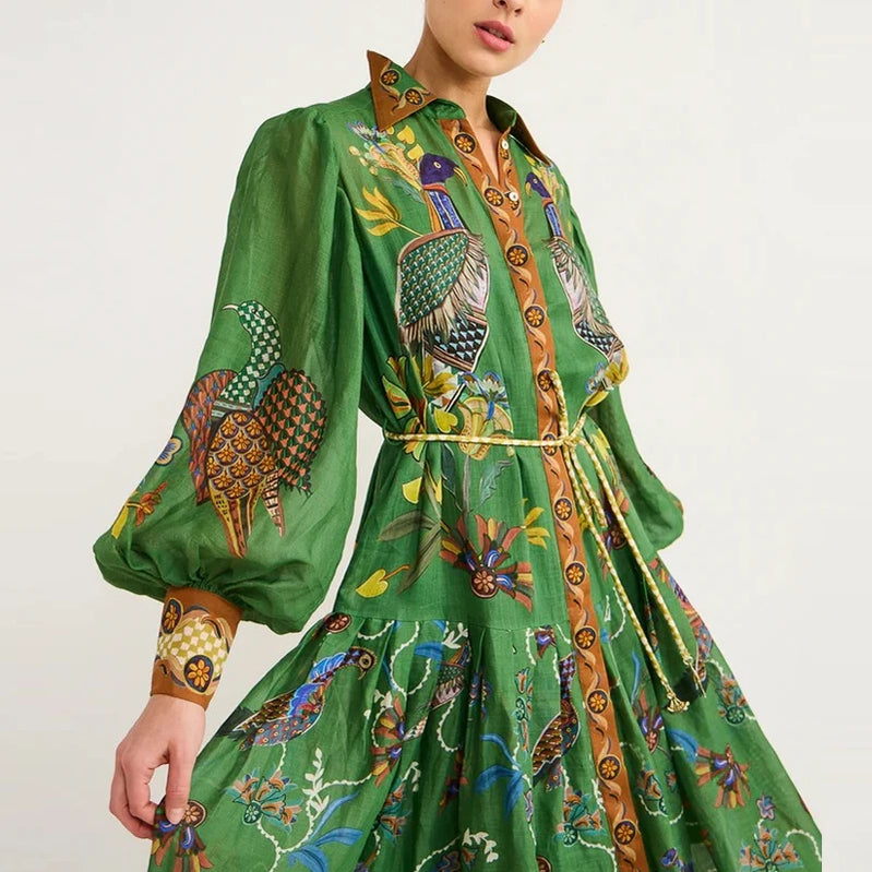 Elegant Loose Tie-Up Stand Collar Shirt Dress Women Fall Boho Print Pink Maxi Dress Fashion Geometric Cartoon Pattern Long Dress 07 Green