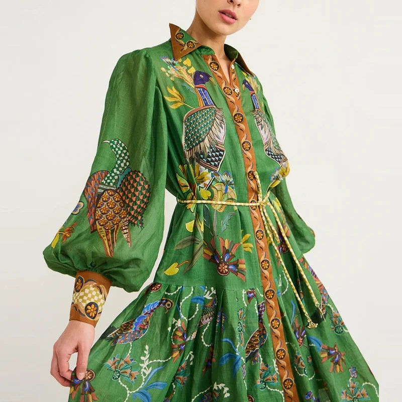 Elegant Loose Tie-Up Stand Collar Shirt Dress Women Fall Boho Print Pink Maxi Dress Fashion Geometric Cartoon Pattern Long Dress 07 Green