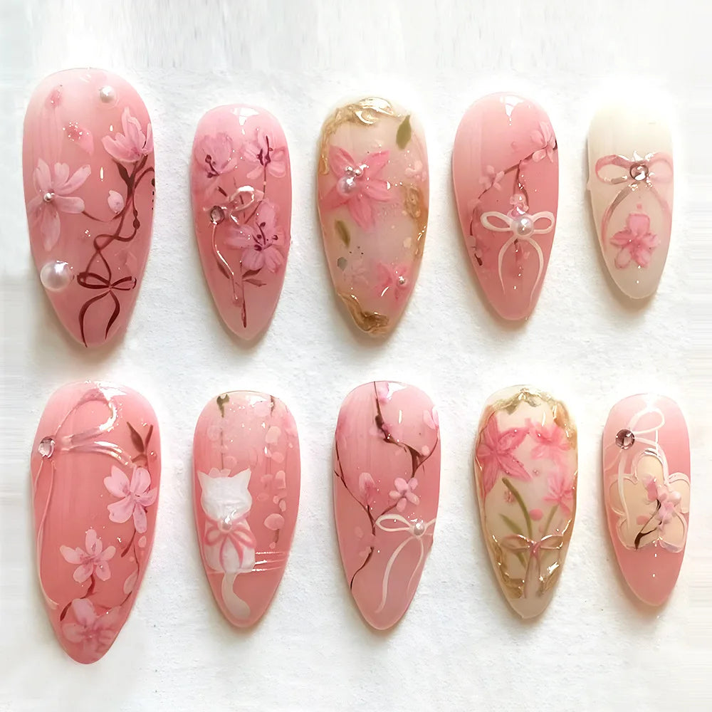 24pcs Sweet Pink Flower Press on Nails Ins Pink Blush Almond False Nails Wearable Reusable Fashion Korean Fake Nails for Women