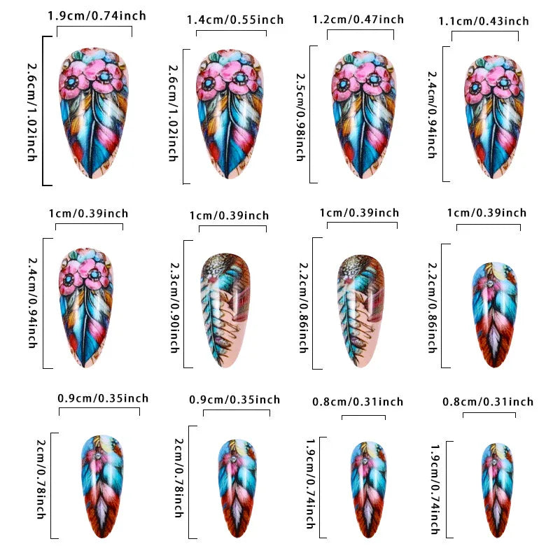 Colorful Feathers Press on Nails Diamond Fake Nails Set Floral Pattern Wearable Acrylic Nails Almond Press on Nail Tips