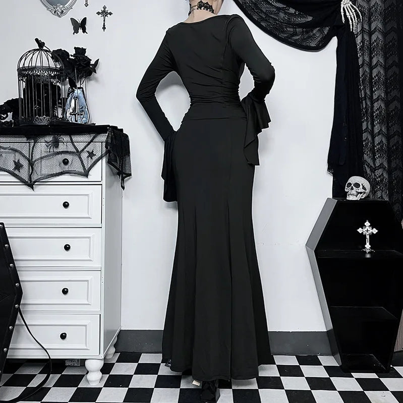 Halloween Cos Morticia Elegant Gothic Dress for Women Adams Family Inspired Wednesday Slim Summer Mermaid
