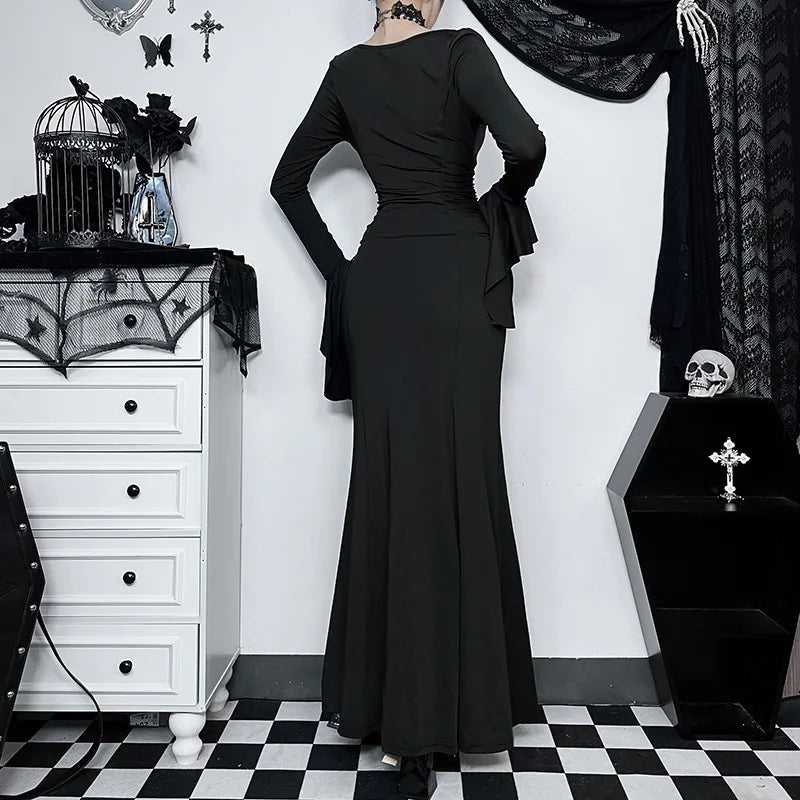 Halloween Cos Morticia Elegant Gothic Dress for Women Adams Family Inspired Wednesday Slim Summer Mermaid