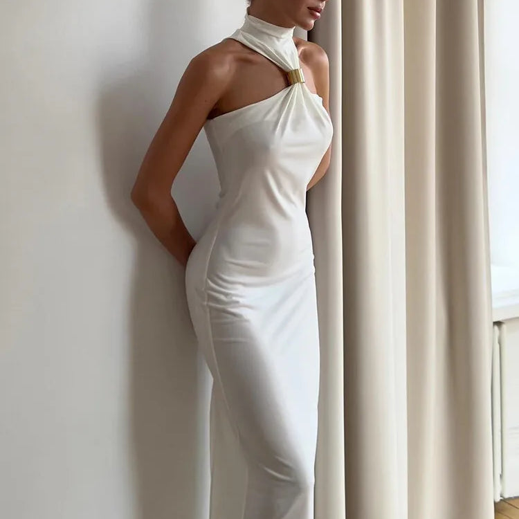 Turtleneck Off-shoulder Sexy Knit Maxi Dress For Women Gown Metal Buckle Strapless Sleeveless High Waist Knitted Dress