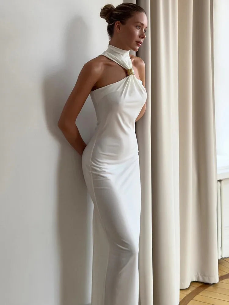 Turtleneck Off-shoulder Sexy Knit Maxi Dress For Women Gown Metal Buckle Strapless Sleeveless High Waist Knitted Dress