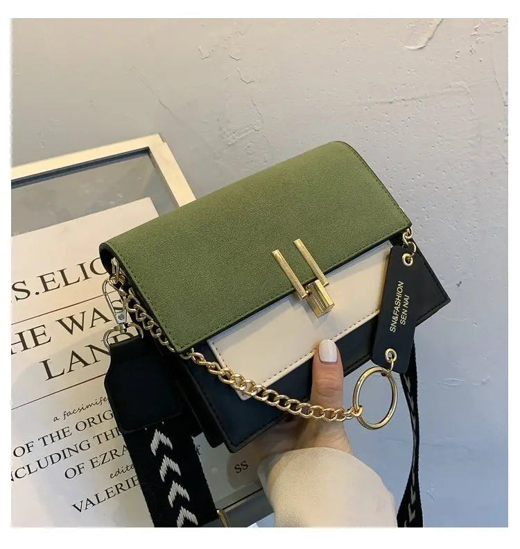PU Small Bag Women's Wide Shoulder Strap Chain One-Shoulder Crossbody Bag Green
