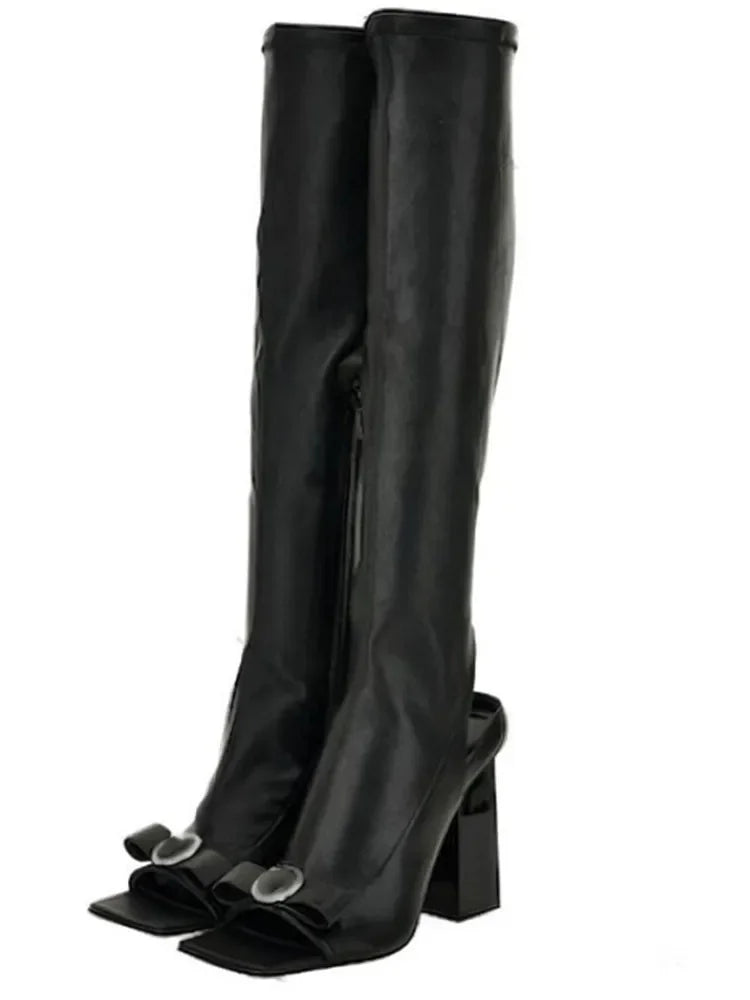 Women's Spring/Summer New Knee Long Women's Boots Fish Mouth Side Zipper Elastic Mid Sleeve Boots 44 Large Women's Boots Black 1