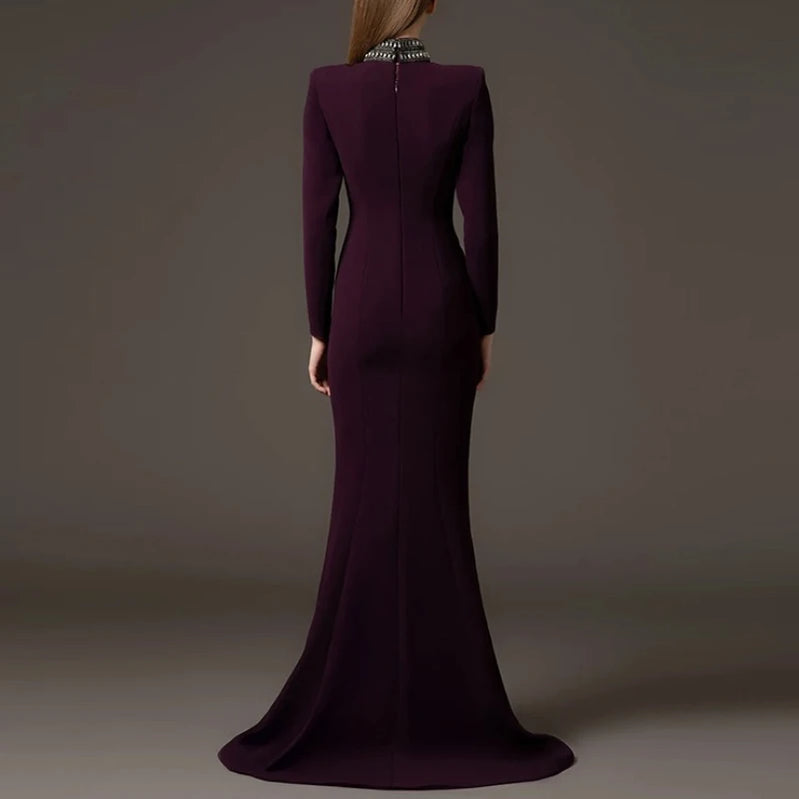 TWOTWINSTYLE Solid Hollow Out Spliced Bead Dresses for Women High Neck Long Sleeves Patchwork Split Elegant Dress Female Clothes