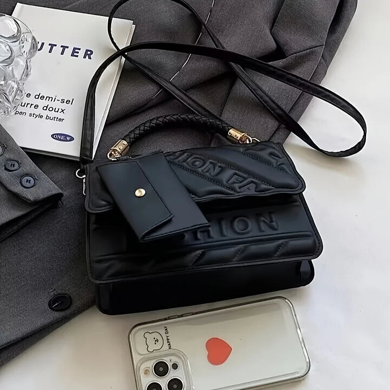 1pc Trendy Quilted Handbag with Adjustable Strap, Stylish Black Shoulder Purse for Women with Mini Coin Pouch, Crossbody Purse