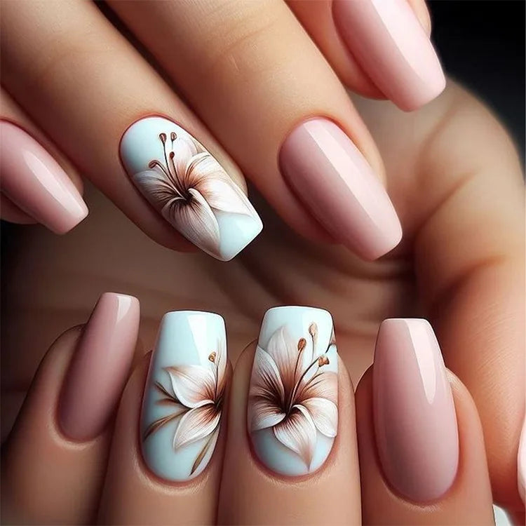 24pcs/set Meduim long fake nails for women peach flowers heart for Spring summer Square faux ongles press on false nail art tips
