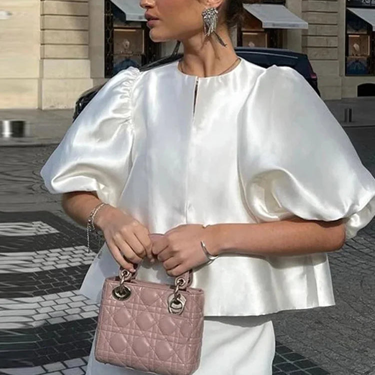 Elegant Satin Ruffle Shirt for Women Lantern Short Sleeve Loose O-neck Female Top Spring Summer Fashion Lady Streetwear