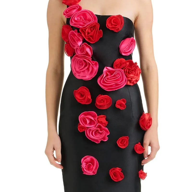 High Quality Red Flowers Strapless Black Bandage Ankle Length Dress Elegant Woman Evening Party Dress Cocktail Party Vestido