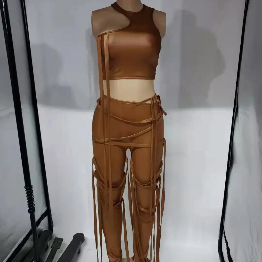 CM.YAYA Faux Leather Women's Set Drawstring Lace Up Slit Leggings Pants Suit and Crop Top Street Tracksuit Two Piece Set Outfit