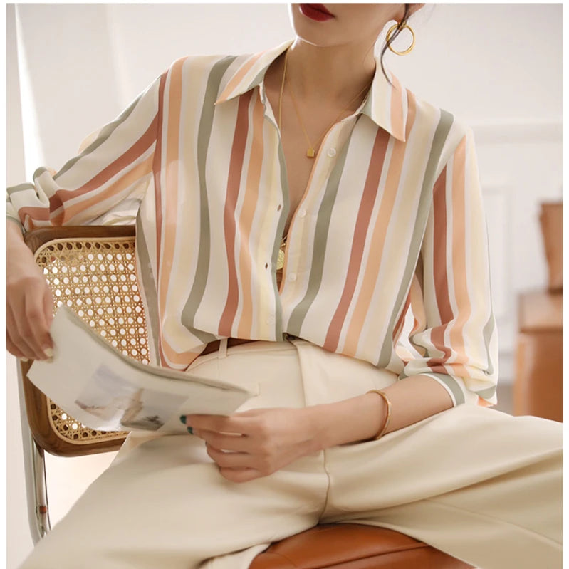 Stripe Women Shirt Satin Vintage Shirt for Women Autumn Clothes Korean Fashion Shirts and Blouses Basic Elegant Womens Tops