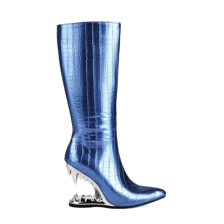 Short Plush 10cm Wolf Teeth Heel Knee Length Boots Back Zipper Pointed Colored Calf Winter Boots Silver Autumn Boots 506-blue Plush-ZIP