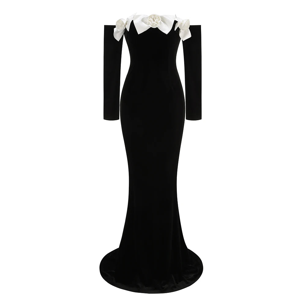 Winter Style Women Long Sleeve Sexy Off the Shoulder Floor-length Dress Velvet Elegant Evening Party Celebrate Dress