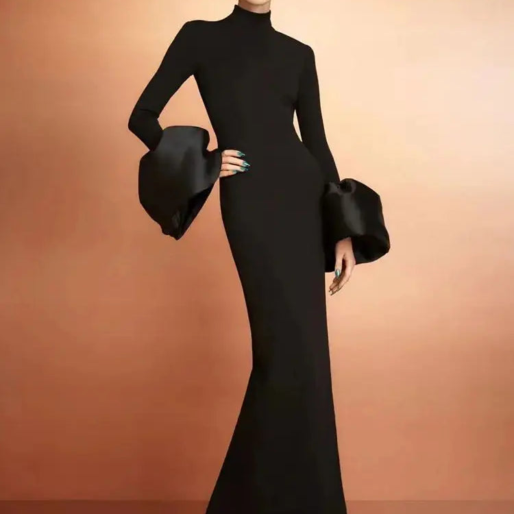 2024 Elegant Women's Black Maxi Dress Stand up Neck Flare Sleeves Bodycon Bandage Long Dresses Cocktail Evening Party Vestidos