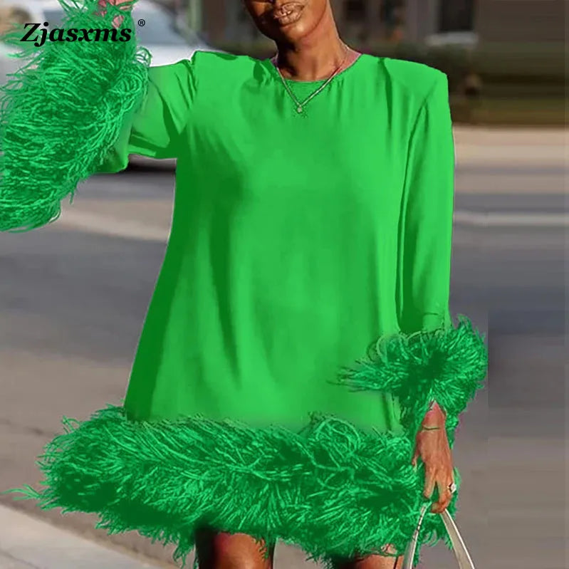 Winter Flare Sleeve Femme Pullover Dress Trendy Seksi Patchwork Feather Women Gaun Malam Jatuh Elegan O-Neck A-Line Mini Dress