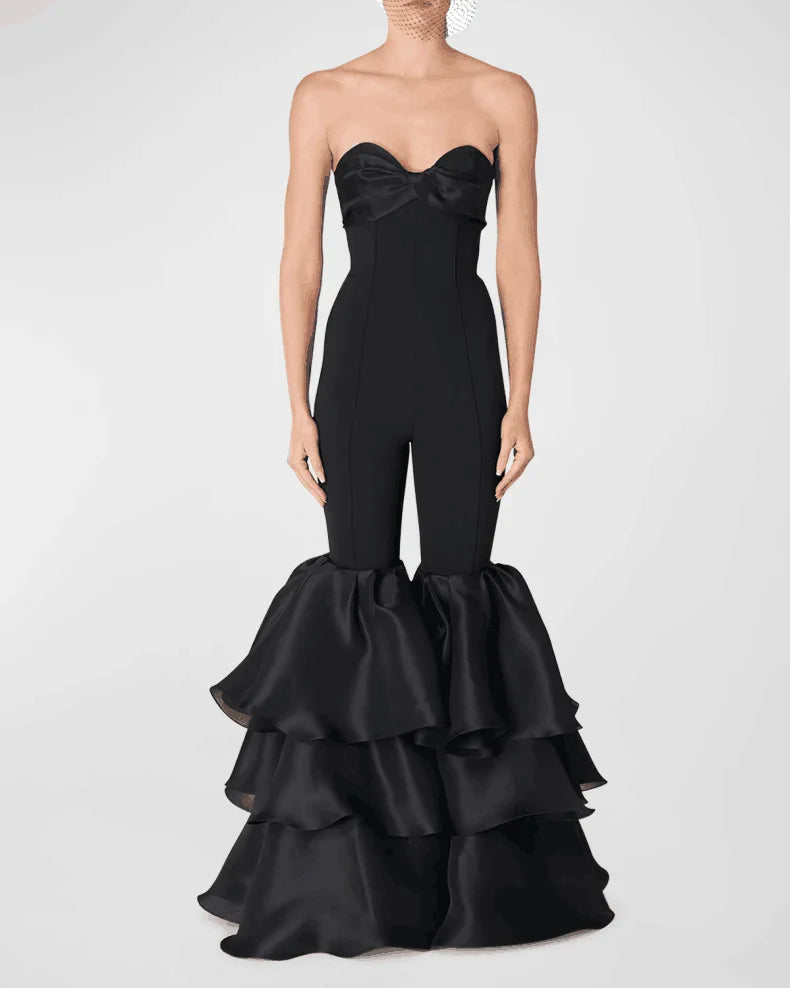 New Arrival Stylish Flare Pants Strapless Black Bandage Jumpsuit Woman Fashion  Party Outfit Nightclub Performance Costume