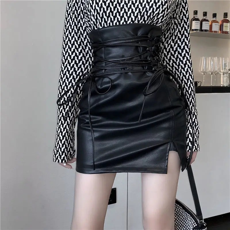 Black PU Leather Mini Skirts Women Sexy High Waist Skinny Lace-Up Pencil Skirt Ladies Gothic Club Package Hip Skirts black