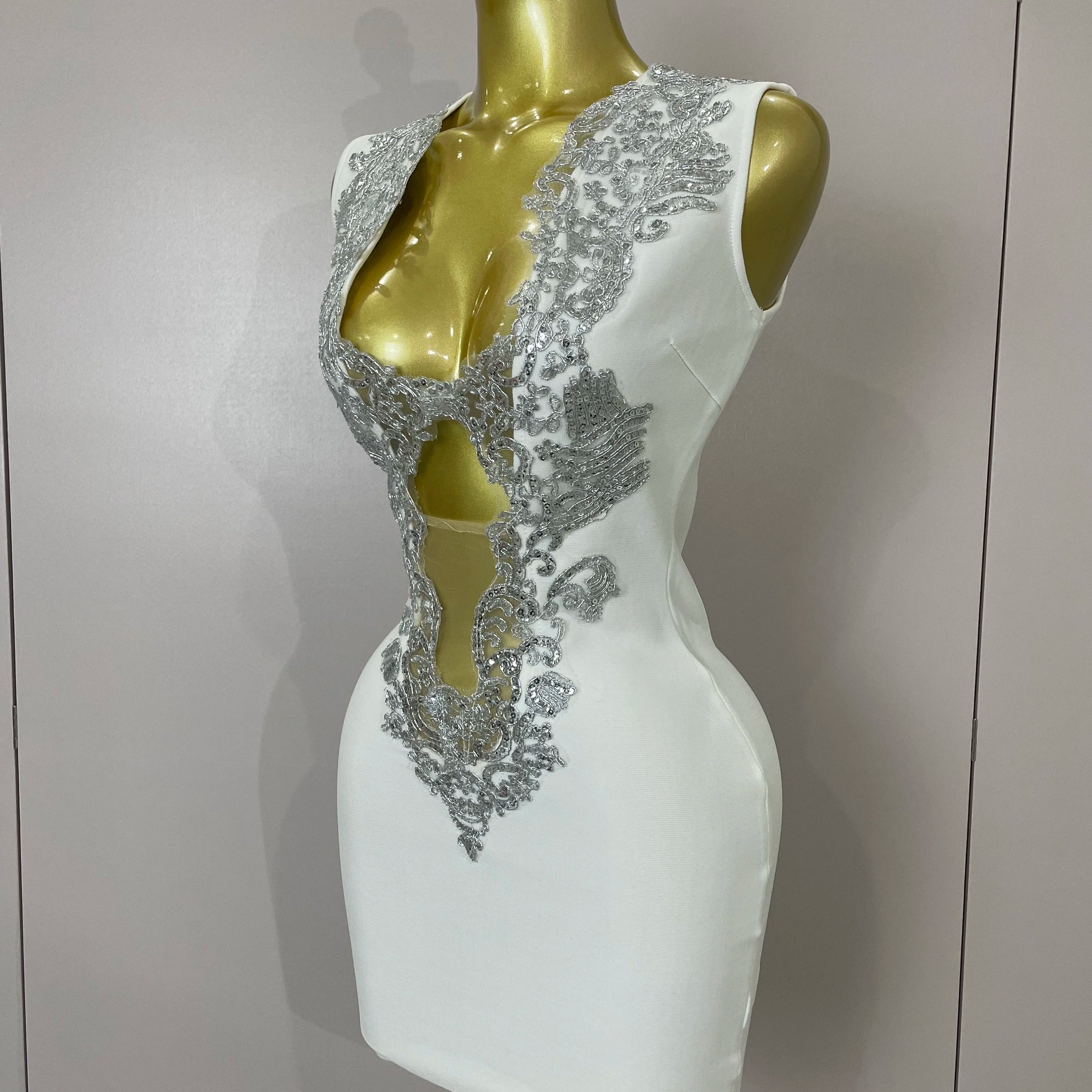 Sexy Silver Sequin White V Neck Cut Out Short Bandage Dress Women 2025 New Elegant Luxury Birthday Party Club Wedding Vestidos