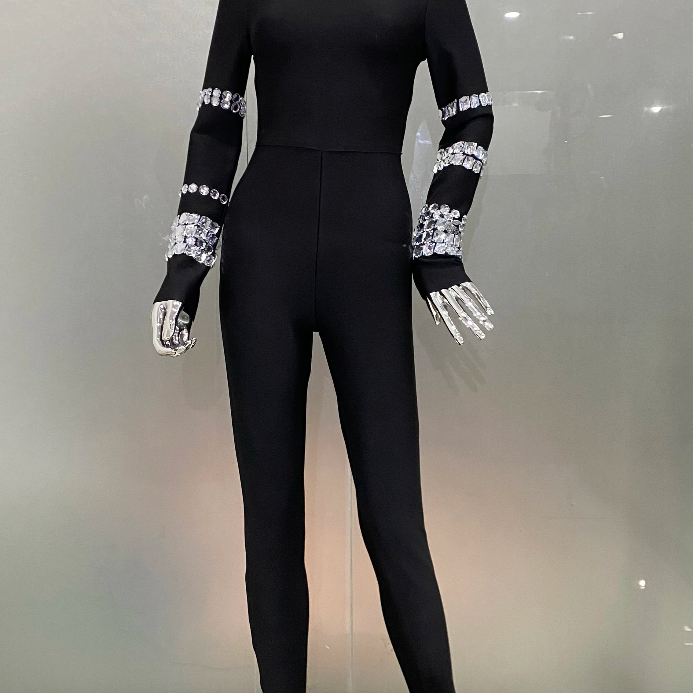 New Arrival Shining Diamonds Sleeve Black Bodycom Bandage Jumpsuit Fashion Woman Party Outfit Nightclub Performance Costume