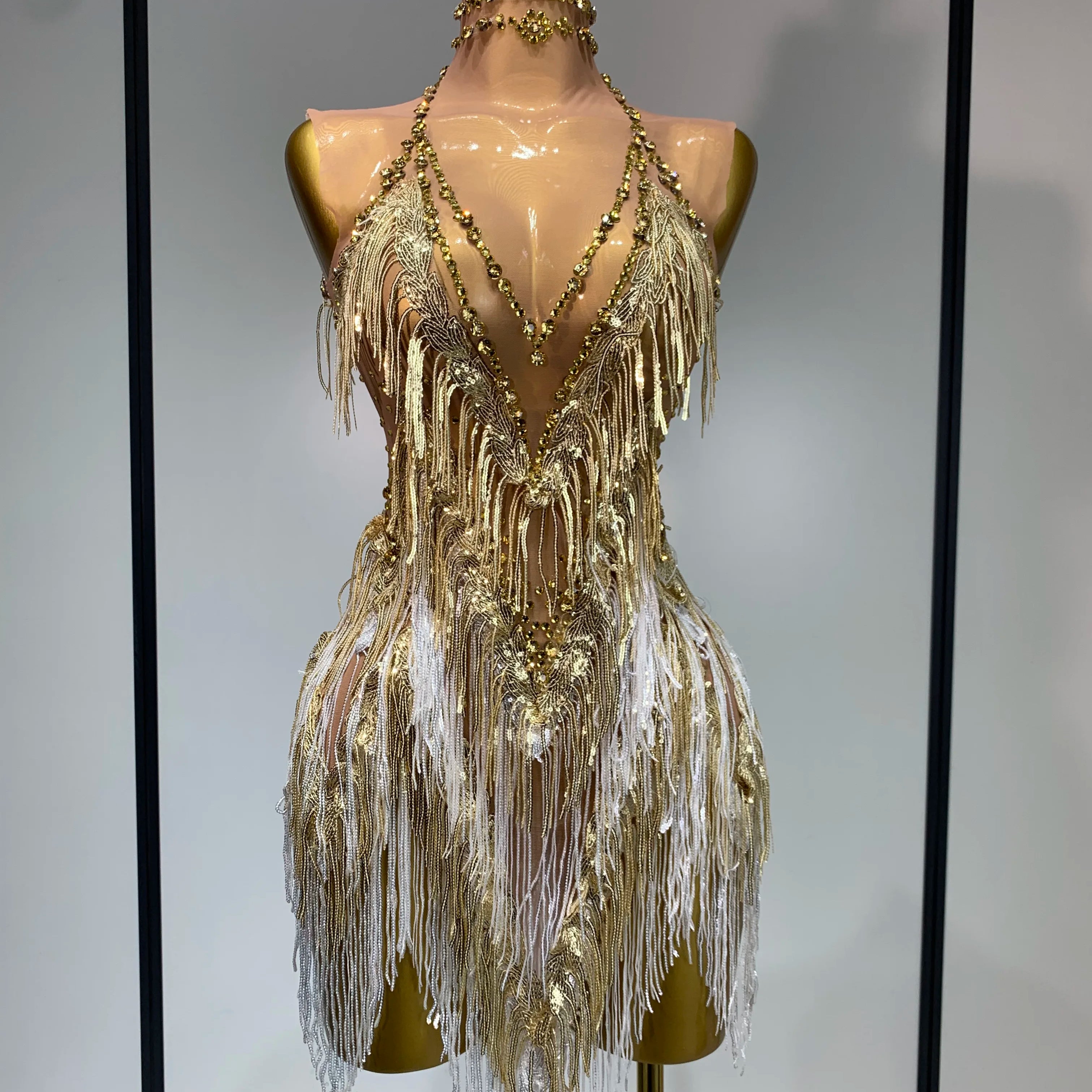 Luxury Rhinestone Tassel Sexy Women Short Latino Dance Dress Birthday Nightclub Bar Sleeveless Sparkly Performance Stage Outfit