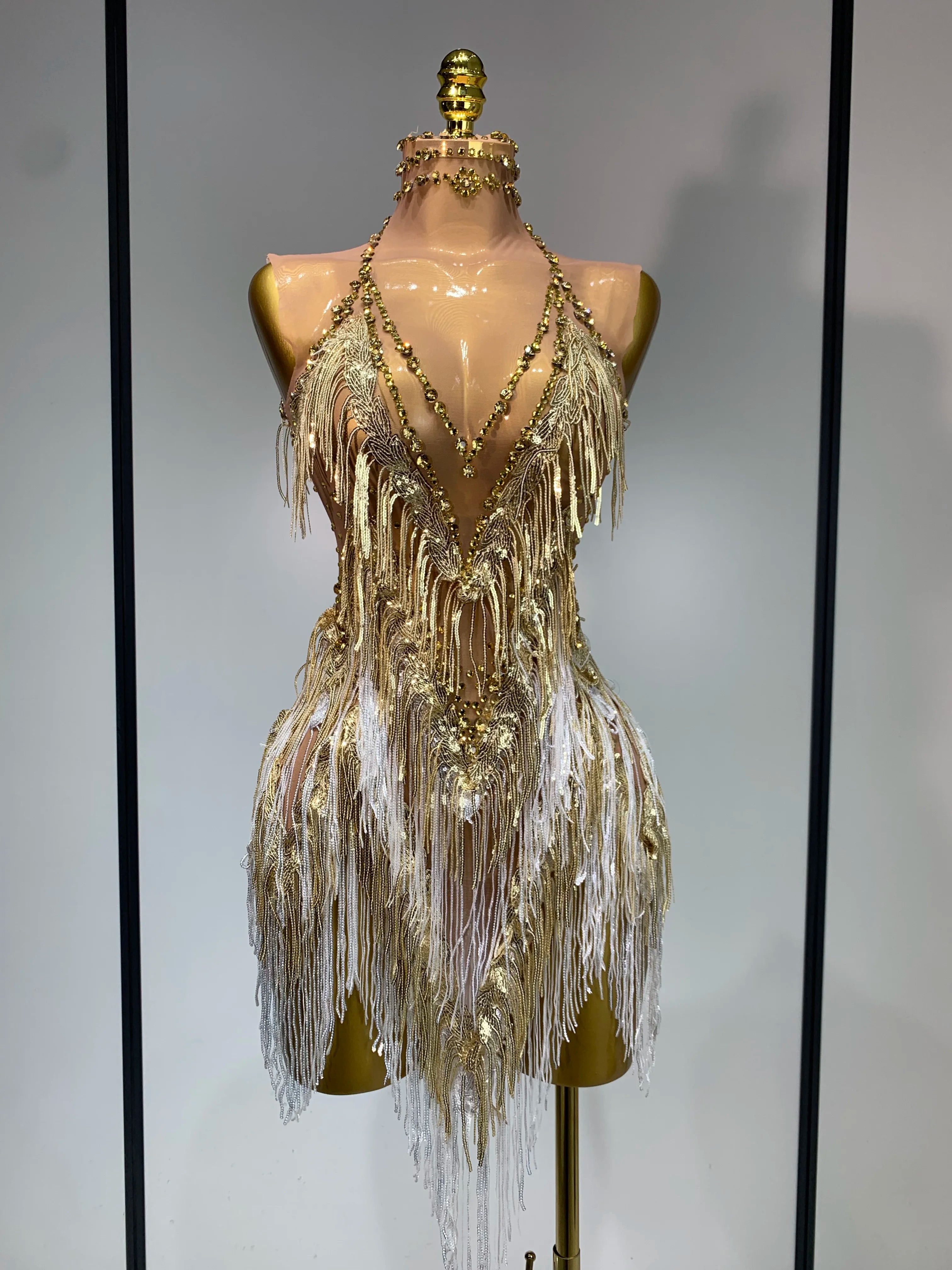 Luxury Birthday Dress Rhinestone Tassel Sexy Women Short Latino Dance Dress Nightclub Bar Sparkly Performance Stage Outfit