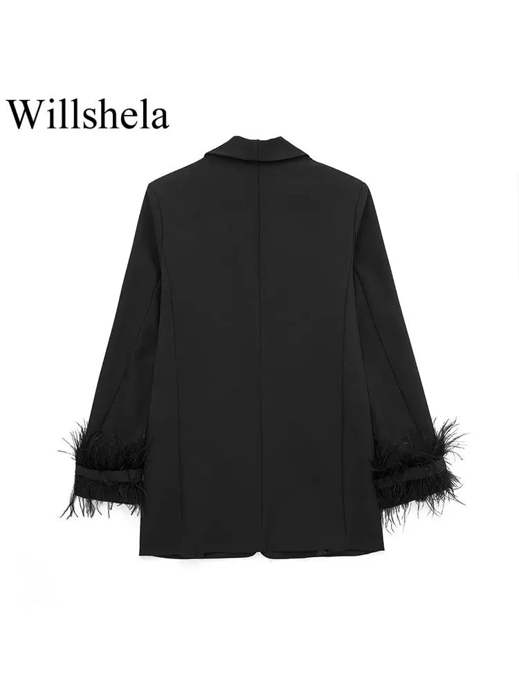 Women Fashion Satin Black With Feather Blazer Jacket Vintage Notched Neck Single Button Long Sleeves Female Outfits