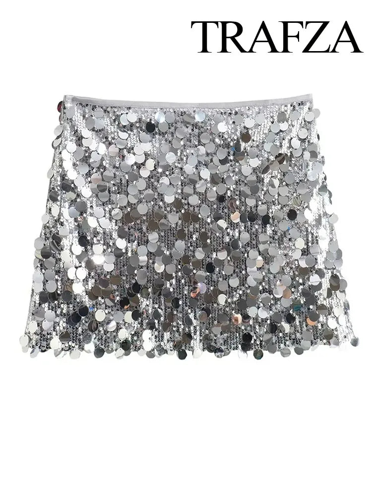 TRAFZA Women New Fashion Y2K Shiny Sequin Skirt Female Elegant High Waist Mini Skirts Casual Woman Sexy Chic Party Skirts
