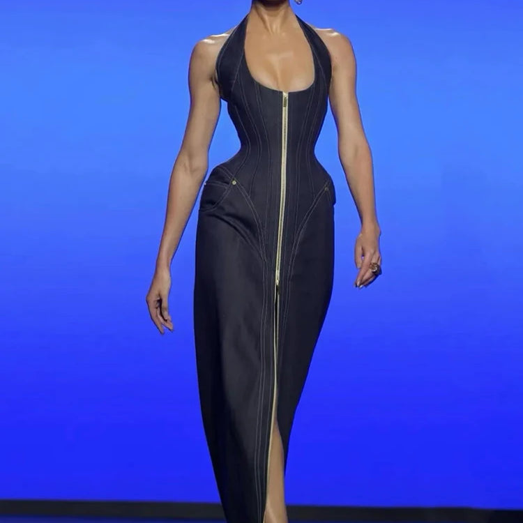 VC Edgy-Chic Denim Halter Zipper Sleeveless Backless Maxi Dress for Fashion Date Night Gown