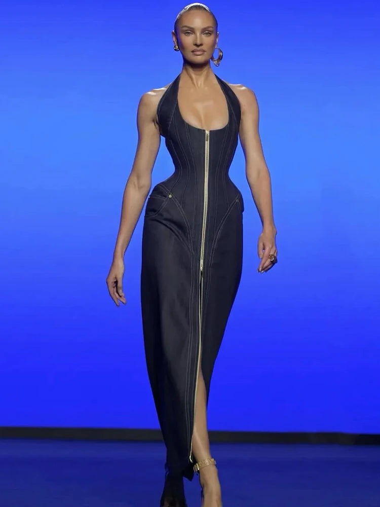 VC Edgy-Chic Denim Halter Zipper Sleeveless Backless Maxi Dress for Fashion Date Night Gown