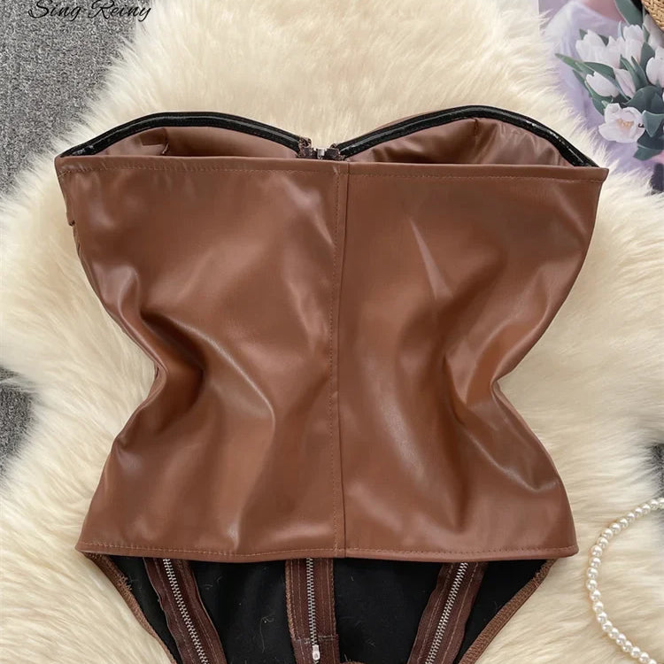 SINGREINY Strapless PU Leather Short Tank Top Fashion Zipper Design Slim Chic Backless Camis Ladies Streetwear Club Sexy Top