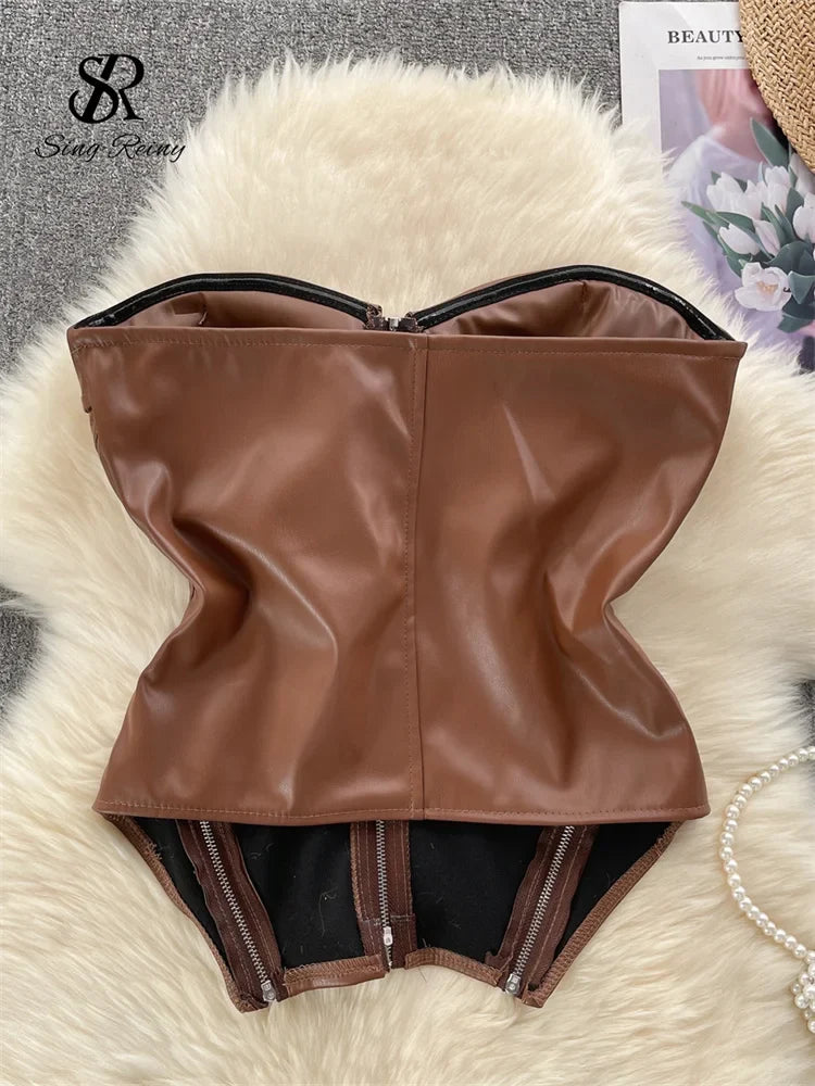 SINGREINY Strapless PU Leather Short Tank Top Fashion Zipper Design Slim Chic Backless Camis Ladies Streetwear Club Sexy Top