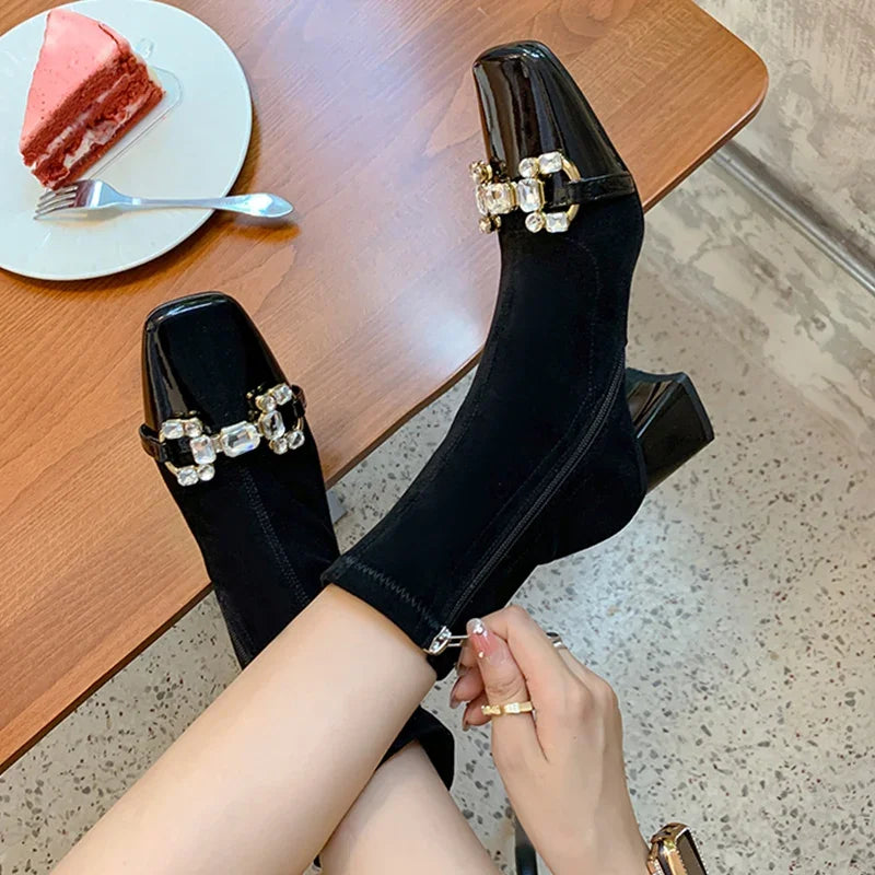 Women Suede Crystal Ankle Chelsea Boots High Heels Shoes Chunky Motorcycle Boots Square Toe Goth Snow Botas Pumps