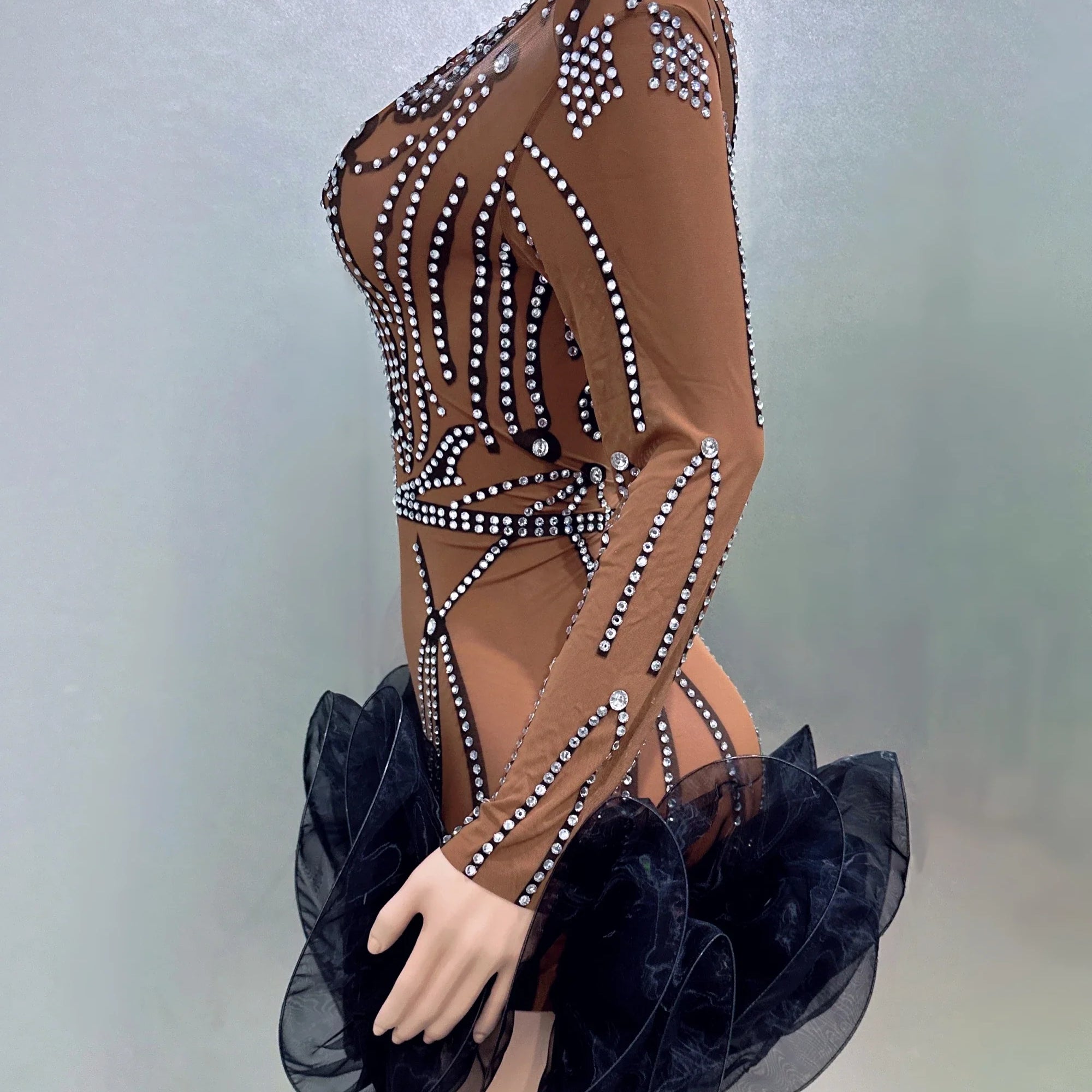 STOCK Women Long Sleeve Sexy Mesh Bodycon Ball Gown Mini Dress Bar Singer Nightclub Party Celebrate Performance Costume Wear