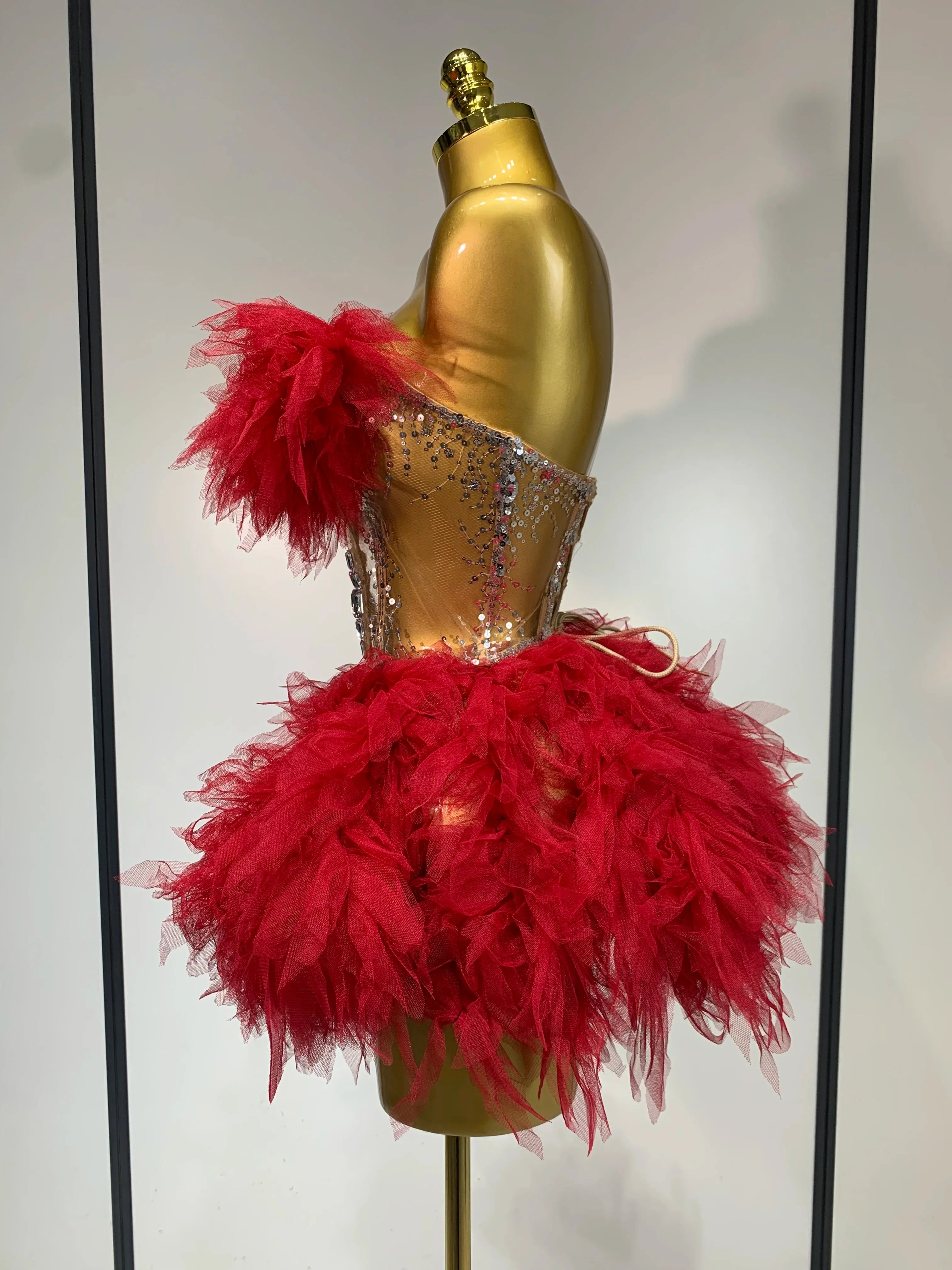 Sexy Strapless Red Mesh Two Pieces Set Singer Nightlcub Party Stage Outfit Photo Shoot  Prom Gown Luxury Birthday Dresses