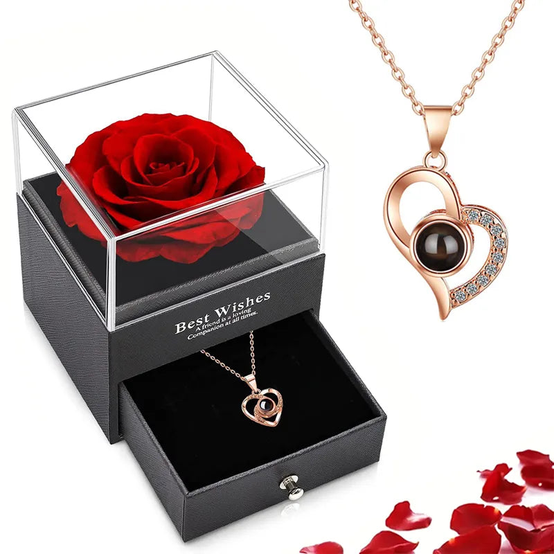 Projection Necklace Set With Rose Gift Box 100 Languages I Love You Heart Pendant Jewelry Accessories